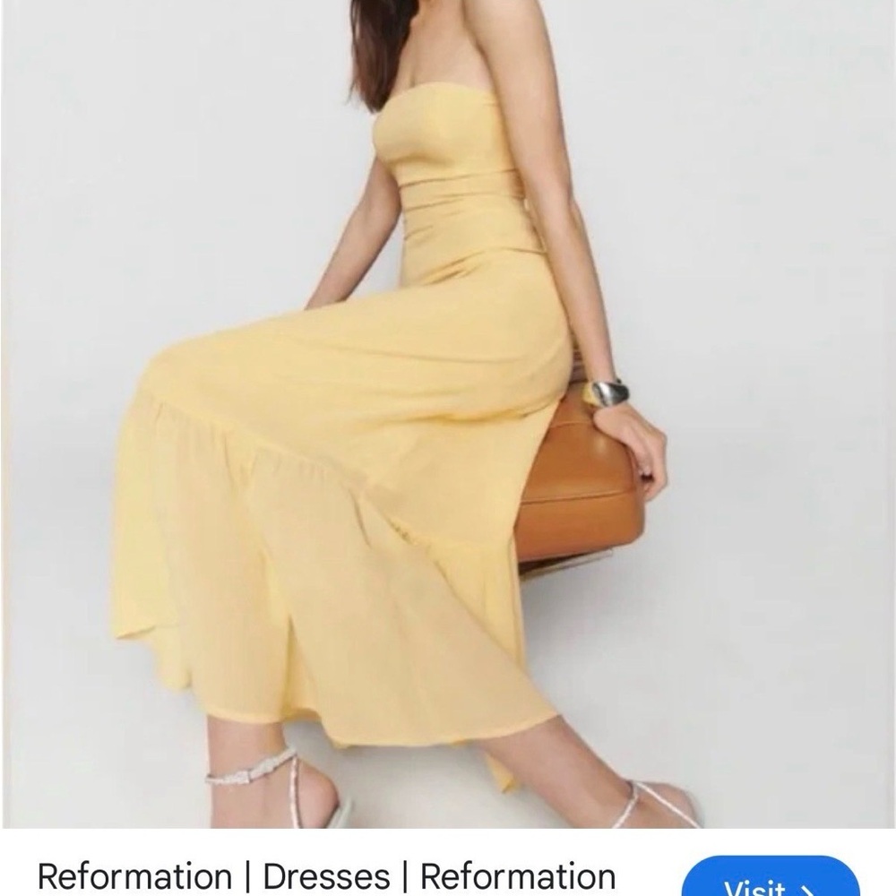 Reformation Arta Strapless Pale Yellow Midi Dress with Ruffle Hem